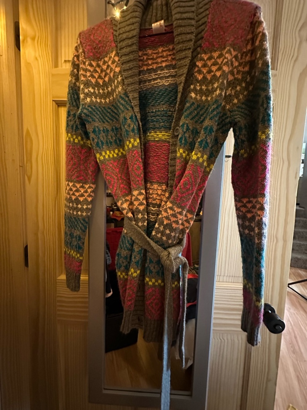 Target Multicolor Fair Isle Shawl Collar Belted Cardigan - Olive, Pink, Teal